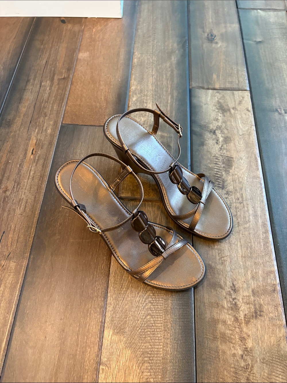 Italian Shoemakers Metallic Bronze Wedge Sandals with Oval Accents